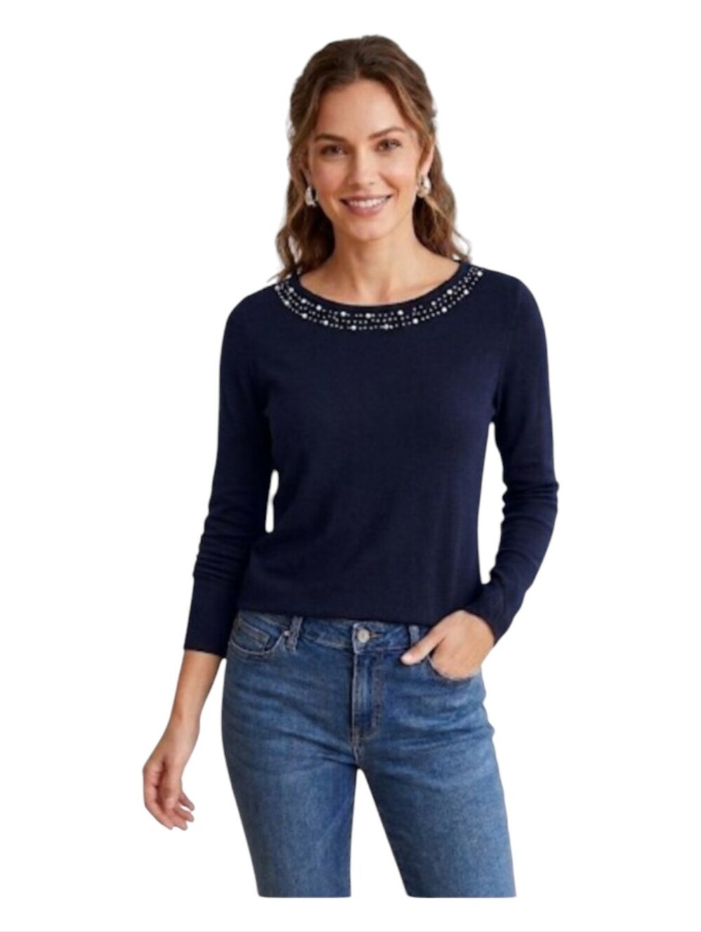 LOFT Navy Blue Long Sleeve Boatneck Top  Embellished Neckline Long Sleeve Sz L